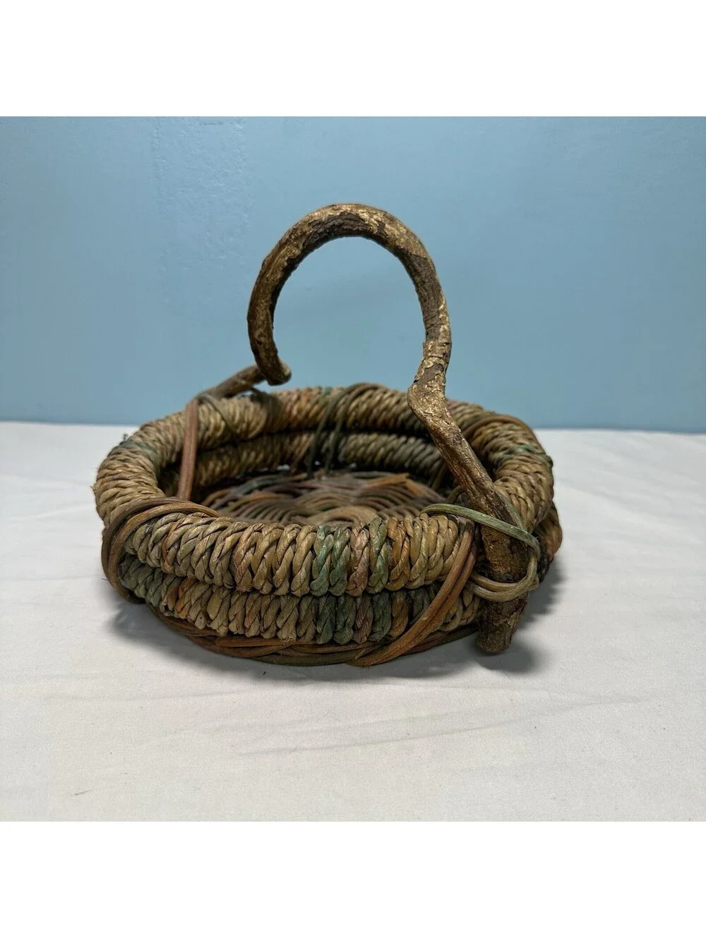 Vintage Rustic Twig Handle Woven Basket Boho Gathering Vine Handle Coil Wicker